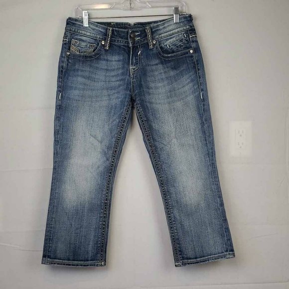 Vigoss Womens Capri Jeans Blue Stretch Pockets Embroidered Medium Wash Denim 7 - Picture 7 of 12